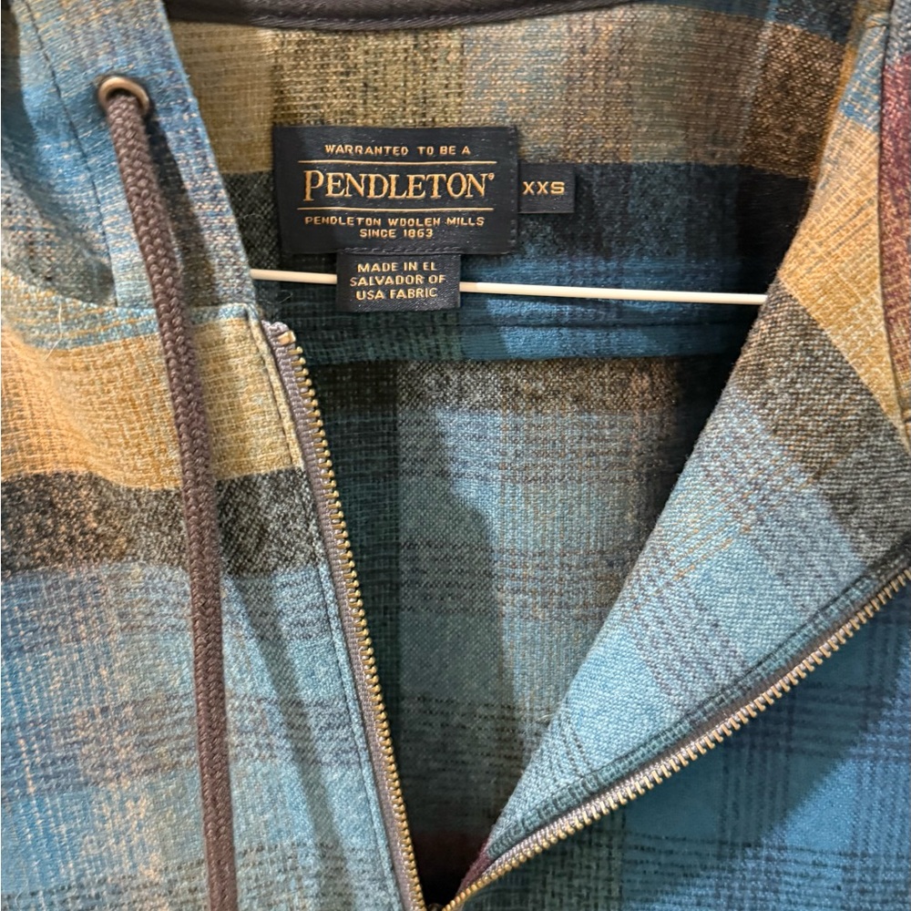 Pendleton Plaid Hooded Jacket Wool Blend Zip Up Blue Teal Burgundy XXS - Picture 6 of 10